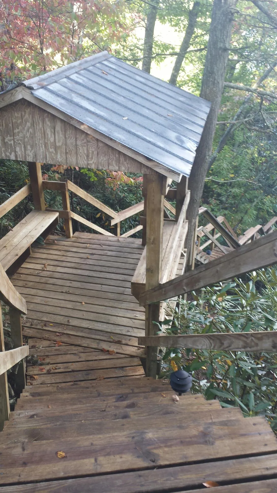 Metal roofed shelter over wooden steps on a wooded walkway — Skylight Repair & Installation work by our crew in Lorraine